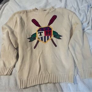 Tommy Hilfiger Men's Cream Sweater with Crest Design vintage